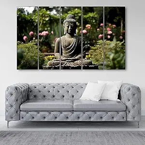 The Castle Decor-Meditation Budha with flowers Vaastu Art Set of 5 Big Size (27x48) Multiple Frames Wall Art Painting for living room,Bedroom,Drawing room,Hotels-Wooden Framed-Digital Painting