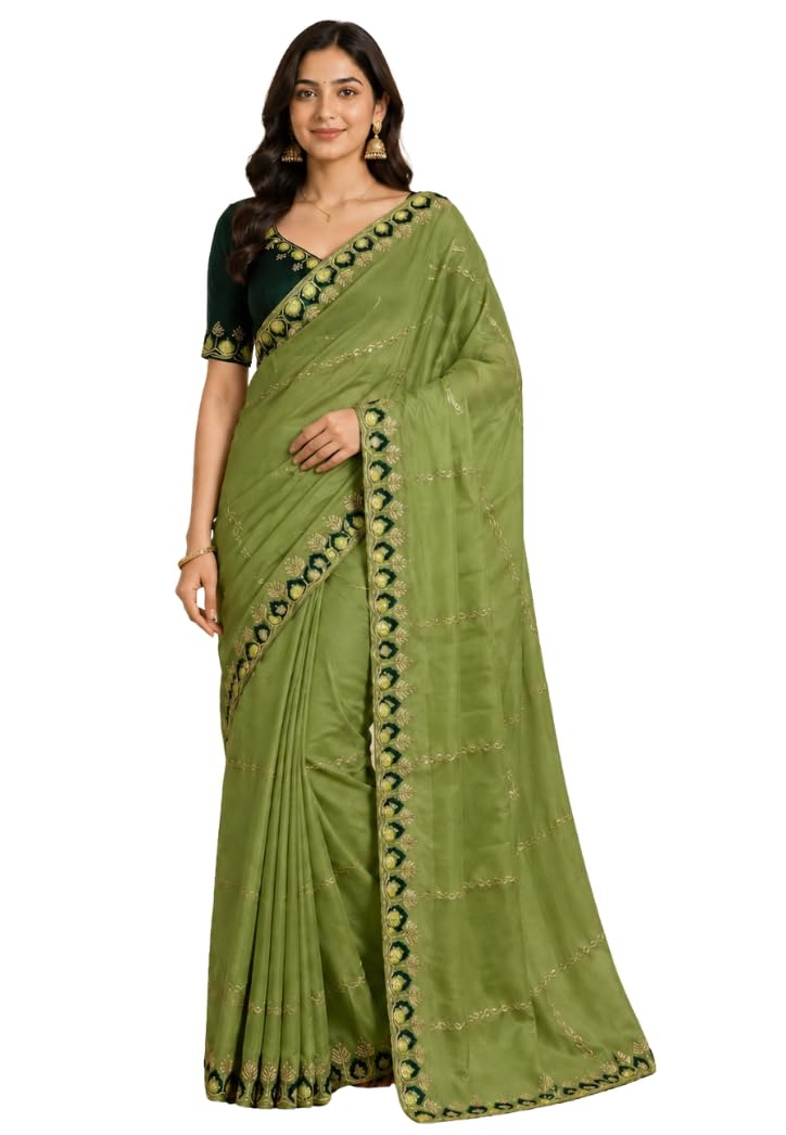 alambana clothing Women's Georgette Embroidered and Mirror Work Saree with Unstitched Blouse Piece | Designer Traditional Ethnic Saree for Wedding Party Festive and Special Occasions | Soft Comfortable Sari-picture-37
