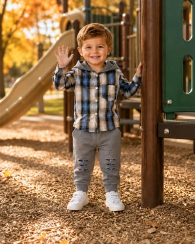 Image of Renotemy Toddler Baby Boy Clothes Winter Hoodie Flannel Boys Outfits 12M-4T | Toddler Boys Outfits,Fall Winter Long Sleeve Hoodie Sweatshirt Clothes Set,Infant Boys Flannel Plaid Top Ripped Pants Set