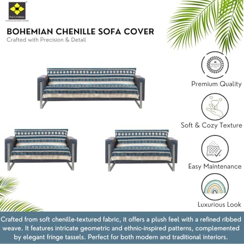 Image of Elegant Woven Turquoise Sofa Cover Soft Chenille Traditional Pattern with Lace Style | L-Shape Sectional Seat Protector for Living Room | Durable & Stylish Slipcover 7 Seater with Arms