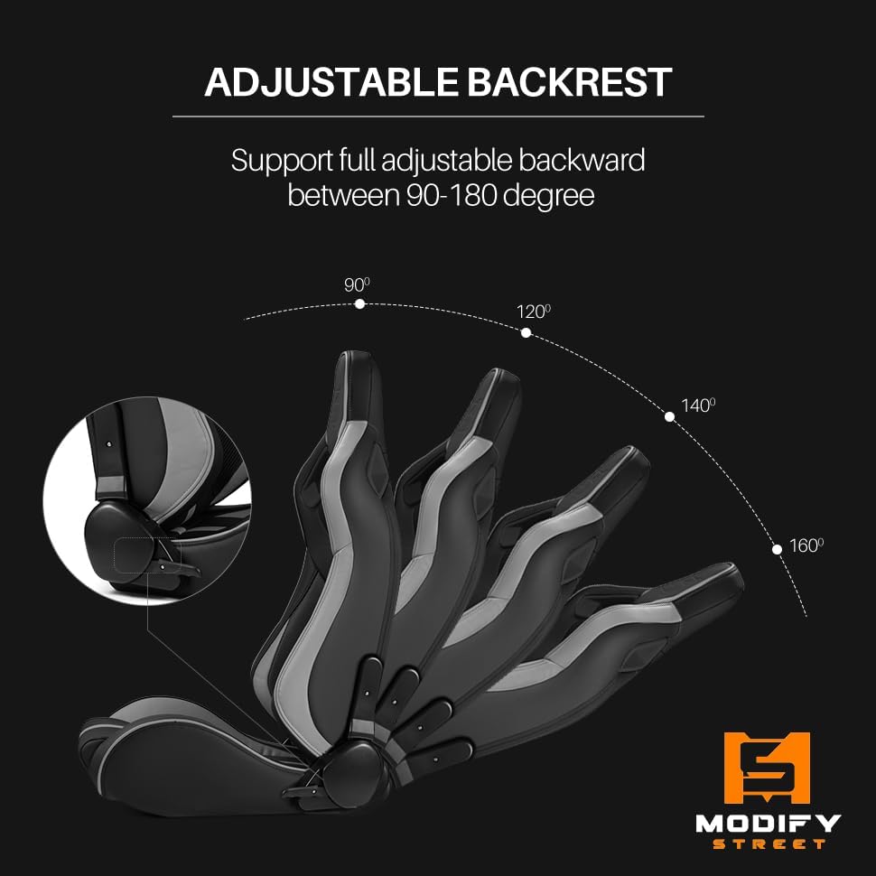 Miniatura 6 de ModifyStreet Universal PVC Cuero Reclinable Negro con Gris Racing Asientos Derecha Izquierda Serie VIPER