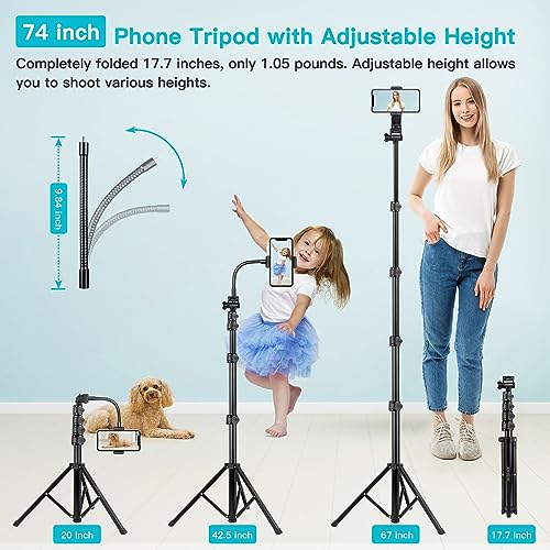 Image of 74 inch Flexible Phone Tripod, Tall Cell Phone Tripod with Adjustable Gooseneck & Remote, Portable Camera Cellphone Stand for Video Recording, Compatible with iPhone Android