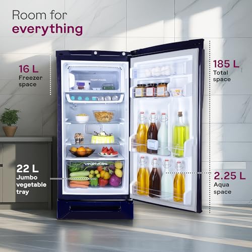 Image of Godrej 185 L 5 Star 5 Years Comprehensive Warranty New Launch| Base Drawer| 22L Jumbo Vegetable Tray| Advanced Inverter Technology| Single Door Refrigerator (2026, RD 195EN TDI MY BL, Mystic Blue)