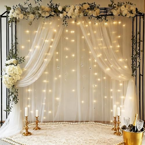 30x8ft White Tulle Backdrop Curtain with Lights String for Parites,