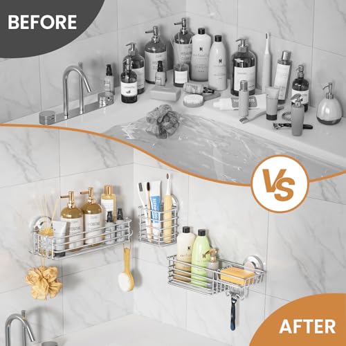Image of LEVERLOC Shower Caddy Suction Cup, 3 Pack Heavy Duty Bathroom Organizer for Inside Shower with Hooks & Soap Holder, Removable Bathroom Organizer, Rustproof Silver Holder Storage Storage,Silver