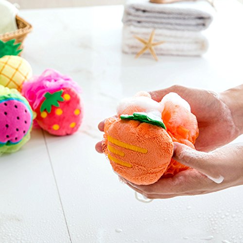 Rocutus 4pcs Child Bath Shower Sponge Pouf Loofahs Mesh Brush Shower Ball Cute Bath Flower with Hooks for Travel (Mixed 1)