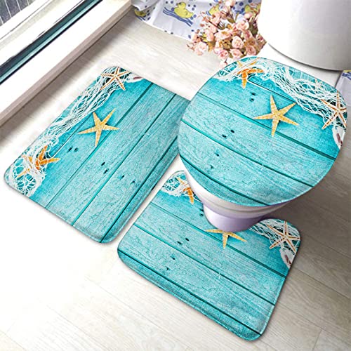 Badezimmerteppich-Set, 3-teilig, rustikale Holzbretter, Fischernetz und Meerestiere, nautische, waschbare Badteppiche, rutschfest, mit Rückenpolster, Konturteppich und Toilettendeckelbezug