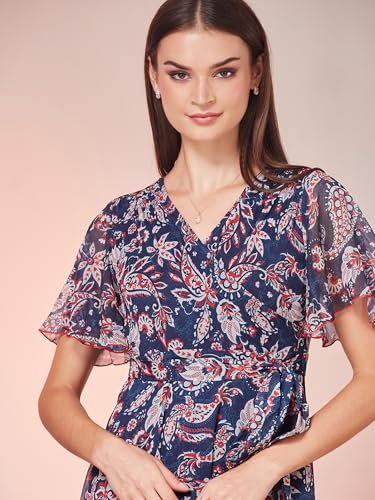 Image of Miss Chase Women's Floral V-Neck Flutter Sleeve Wrap Chiffon Maxi Dress