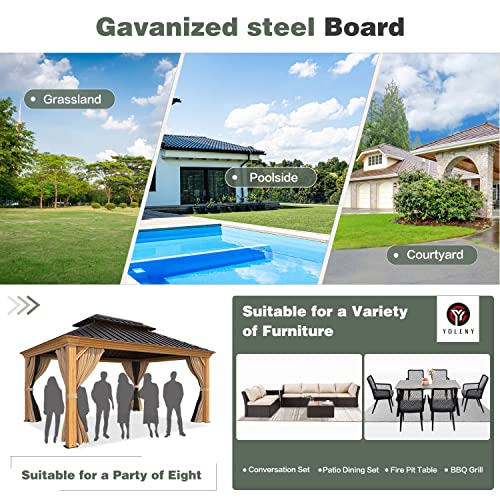 YOLENY 12' x 14' Hardtop Gazebo, Wooden Finish Coated Aluminum Frame Gazebo with Galvanized Steel Double Roof, Outdoor Permanent Metal Pavilion with Curtains and Nettings for Patio, Lawn & Garden - Image 7