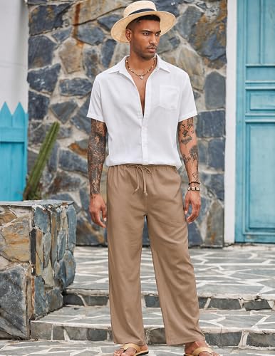 Image of CB-COLEBROOK Mens Casual Linen | Elastic Waist | Drawstring Summer Beach Yoga Linen Trouser | Loose Fit Pyjama Pants for Man