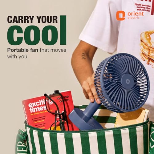 Image of Orient Electric Elfie Rechargeable Personal Fan | 90 Adjustable Airflow | 1800 mAh Battery | 4 Speed Modes | Quiet Operation | USB Type-C Charging | Compact Mini Fan | Dusk Blue