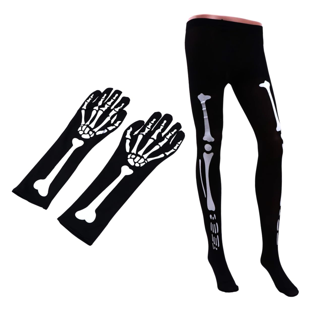 GALPADA Unique Bone Print Gloves Pantyhose Set Halloween Tights Gloves Cosplay Party Accessory