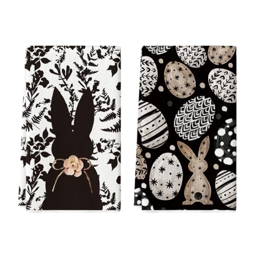Artoid Mode Black Bunny Eggs Flower Easter Kitchen Towels Dish Towels 18×26 Inch Spring Farmhouse Leaves Decoration Hand Towels Set of 2