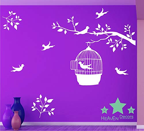 Heaven Decors Bird on Tree with Birdcage and Flying Birds Wall Sticker (PVC Vinyl, Ideal Size on Wall 102 cm x 86 cm) White 3