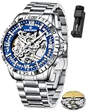 LOUIE JUELEN Men's Skeleton Automatic Mechanical Watches with Self-Winding Movement Silver Stainless Steel Case Blue Dial with Luminous Hands Roman Numerals 42mm Waterproof Luxury Dress Analog Wristwatch for Men, No Battery Needed