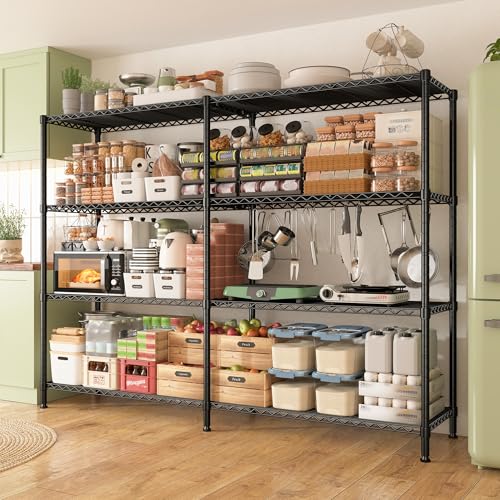 Image of REIBII 61.7''W Storage Shelves Load 1220LBS Wire Shelving Unit 4 Tier Metal Shelving for Storage Rack Shelves Heavy Duty Garage Shelf Pantry Shelves Kitchen Shelving, 61.7 inch W*62.9 inch H*15.8 inch D, Black