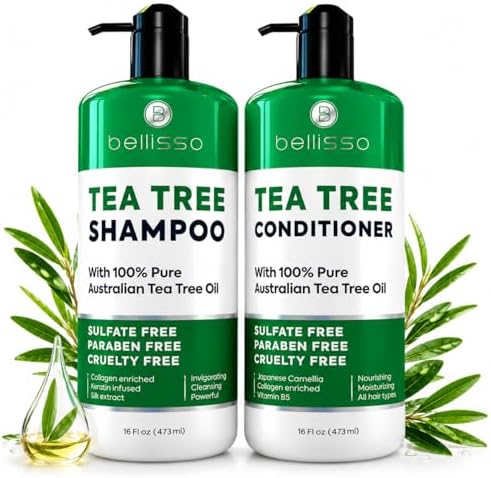 Tea Tree Shampoo and Conditioner Set – with 100% Pure Australian Tea Tree Oil - Anti Dandruff Sulfate and Paraben Free - Dry Scalp Treatment with Keratin, Vitamin B5, Collagen for Women and Men