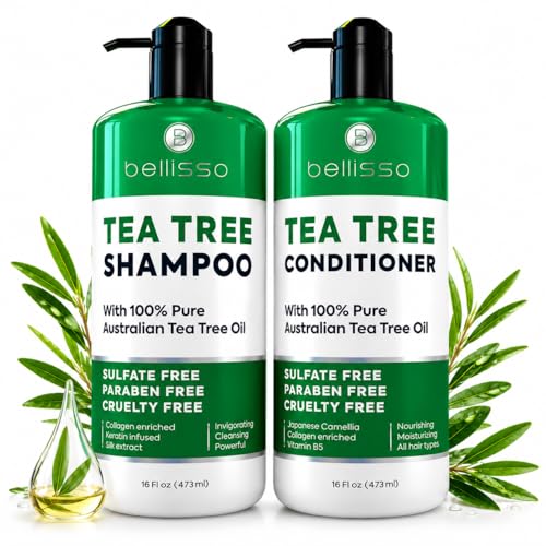 Tea Tree Shampoo and Conditioner Set – with 100% Pure Australian Tea Tree Oil - Anti Dandruff Sulfate and Paraben Free - Dry Scalp Treatment with Keratin, Vitamin B5, Collagen for Women and Men