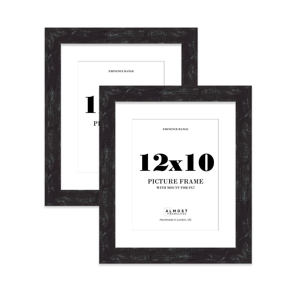 12x10" Distressed Black Picture Frame with 9x7" Mount - Rustic Photo Frame with Distressed Finish, Wall Hooks and Kickstand, 32mm Edge - 2 Pack