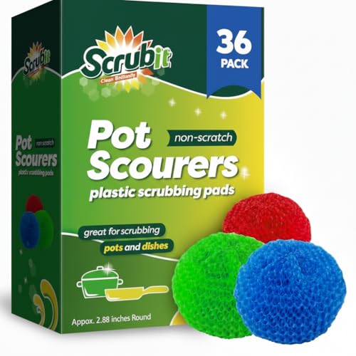 36 Round Nylon Dish Scrubber Scouring Pads By Scrub-It -3 Packs of 6 Scour Pads - Assorted Colors - Tough and Durable - Non-Scratch for Non-Stick Cookware - (36)