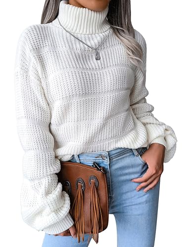 NLAND Jersey Mujer Invierno Cuello Alto Manga Larga Pullover Casual Ajustado Grueso Jersey de Punto Cálido Turtleneck Sweater para Otoño Invierno Suéter Elástico Tops Pull-Over（Blanco-1,M）