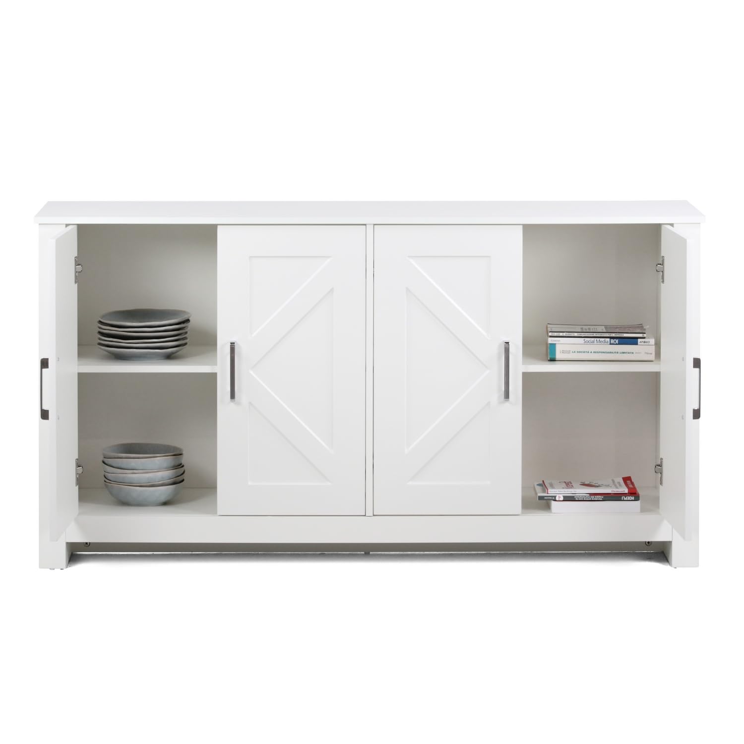 Brigros WeHome - Credenza Cucina Con 4 Ante, Credenza Soggiorno Bianca 150x40x80 Cm, Mobiletto Ingresso Con Maniglie Cromate, Mobile Cucina, Madia Soggiorno Moderna