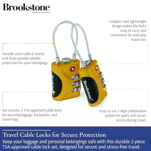 Image of Brookstone Cable Lock - 2 Pack 3-Digit Keyless TSA Approved Locks for Luggage - Resettable Combination Luggage Lock, Size One Size, Lemon Yellow