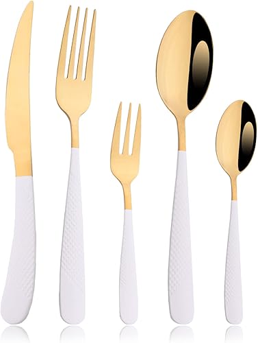 Miniatura 1 de JASHII Juego de cubiertos martillados modernos de acero inoxidable con mango dorado y blanco, decoración de lujo, servicio para 4, pulido espejo,