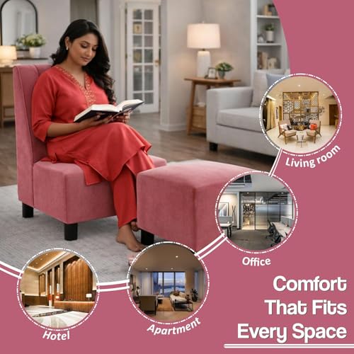 Image of Rosebell Sofa with Ottoman Combo Single Seater Sofa Set with Matching Footrest for Living Room & Guest Room, Office - Rose Pink Color
