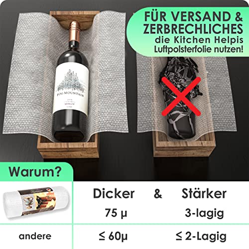 Kitchen Helpis® STRAPAZIERFÄHIGE (75µ/3lagig) Luftpolsterfolie 10mx40cm, Verpackungsfolie, unsere Luftpolster Folie schützt besonders zerbrechliche Dinge, perfekt für Flaschen/teure Dinge geeignet