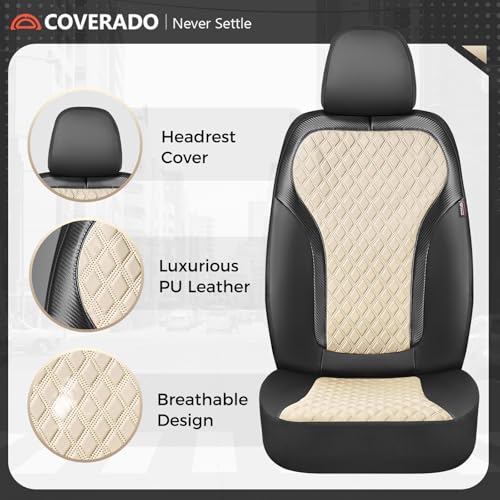 Image of Coverado Front Seat Covers, 2-Pack Luxury Diamond Leather Car Seat Cover with Carbon Fibre Weave Design, Waterproof Car Seat Protectors, Black&Beige Driver Seat Covers Universal Fit for Cars Trucks
