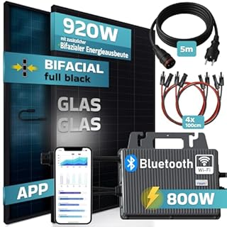 SUNNIVA 920W Balkonkraftwerk BIFAZIAL FULLBLACK komplett Steckdose TSUN 800W Wechselrichter, PV Solaranlage, 2x 460W Glas-Glas Solarmodule, inkl. 5m Kabel, Bluetooth WIFI, Komplettset