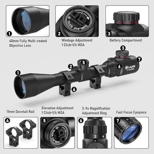 UUQ 3-9×40 Rifle Scope with Red/Green Illumination and Rangefinder Reticle-Includes Batteries,Fits 11mm Free Mounts,Waterproof and Fog-Proof