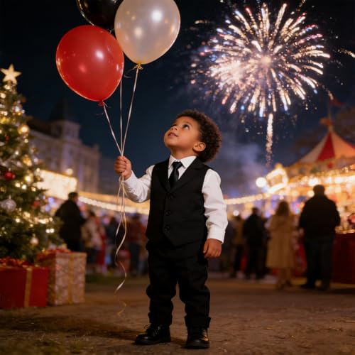 Image of Baby Boy Formal Suit for Toddler Infant Tuxedo Dress Suits | Little Gentleman, Wedding Ring Bearer Outfit, Vest Pants Long-Sleeve Shirt Tie, Birthday Party Christmas Prom, Classic