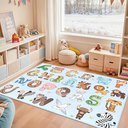 FTBNIQWRHN Kids Rugs for Playroom - 2.5x4 Feet ABC Rug for Toddler Children Educational Learning Animal, Alphabet Rug Kids Play Mat Nursery Bedroom Kindergarten Decor, Blue by FTBNIQWRHN - Image 5
