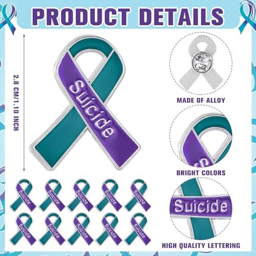 Image of Riceshoot 100 Pcs Suicide Prevention Awareness Ribbon Pin Bulk Purple Teal Ribbon Enamel Lapel Pin Sexual Assault Awareness