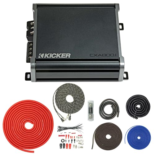 Kicker 46CXA8001 800W CX Series Mono Class D Subwoofer Amplifier + SoundBox T4AW-R 4 Gauge Amp Kit Bundle OneOhm Stable Variable 12dB Crossover KickEQ Bass Boost 4500W Installation Kit