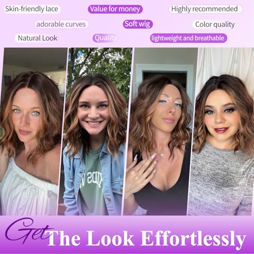 Image of Eawwii Wigs for Women Brown Highlight,Short Wavy Synthetic Lace Wig 12 Inch | Glueless 4x1 Lace Hairline, Heat-Resistant Fiber,Bob Wave Style,Natural Appearance for Everyday Cosplay