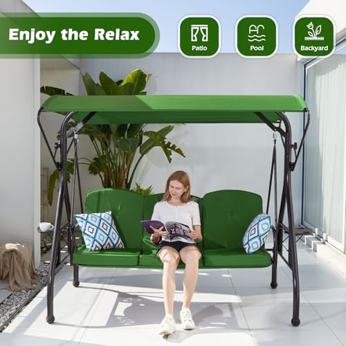 Image of ZZW 800LBS Patio Swing with Canopy 3 Seat Outdoor Porch Swing with Stand w /Cup Holder & Pillow Glider Chair Swing Bed for Patio Backyard Poolside (Green)