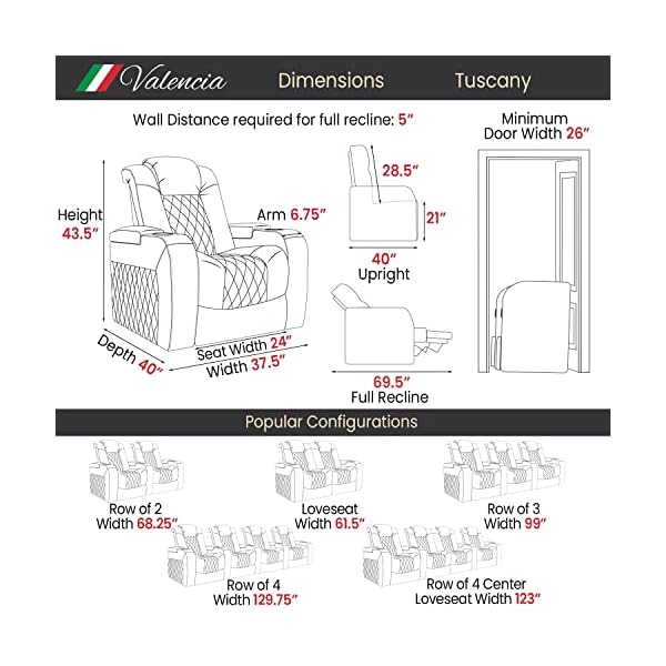 Valencia tuscany heat massage edition home theater seatingpremium top grain italian 11000 nappa leather power recliner power lumbar headrest led lighting row of 2 black  urban country home decor