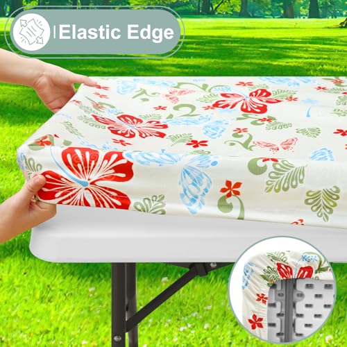Image of misaya Picnic Table Cover with Bench Cover, Waterproof Elastic Fitted Tablecloth for 8 Foot Tables, Rectangle Washable Polyester Fabric Tablecloths for Picnic, Camping, Outdoor (Butterfly, 30 inch x 96 inch)