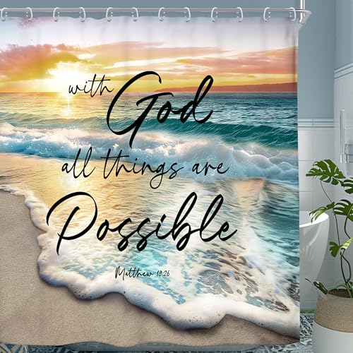 Riyidecor Beach Ocean Bible Verse Shower Curtain (72x72in)