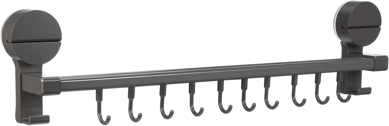 LABRIMP Kitchen Utensil Hooks Wall Mount, No Drill Suction Cup Holder with 10 Hooks, Adjustable Double Rod Organizer for Hanging Towels, Spoons, and Kitchen Tools, Space-Saving Gray Rack