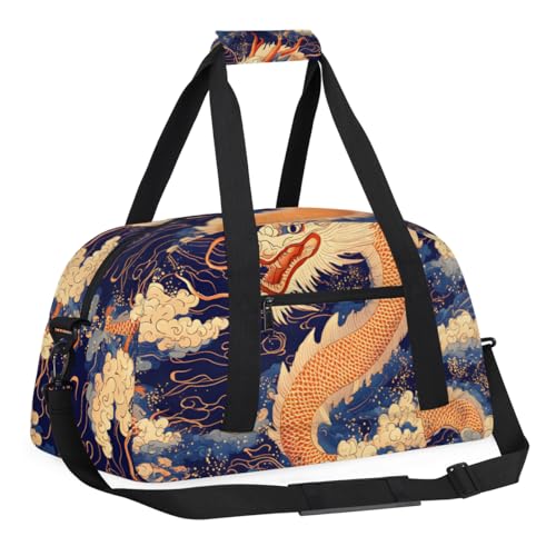 Chinese Dragon Gym Travel Duffle Bag for Boys - Gymnastics Sports Dance Bag with Front Zipper Pocket for School Practice or Overnight Travel Weekender Sleepover Tote Bag Orange Dragon