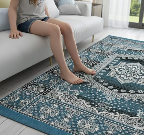 Image of TijanePremium Cotton Carpet 4X6 feet Mult Colour for Living Room, Hall & Kitche | Carpet mat /Area Rug /Carpet & Rug /Carpet for Floor /Kalin & Dhuurie | Square i (Aqua)