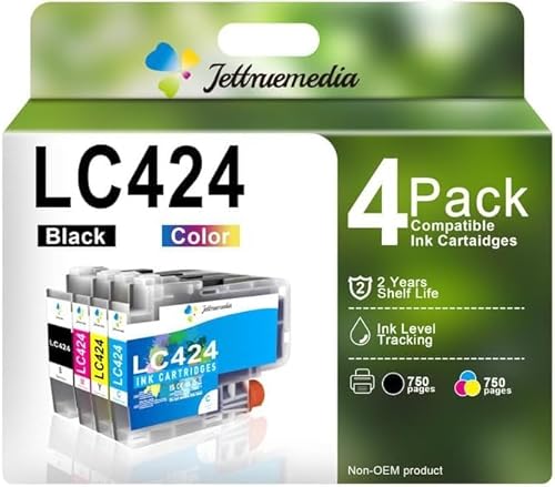 Jettruemedia LC424 LC 424 Druckerpatronen Kompatibel für Brother LC-424 Tintenpatronen LC424 Patronen Multipack für Brother DCP-J1200W DCP-J1200WE(1 Schwarz, 1 Cyan, 1 Magenta, 1Gelb, 4-erPack)