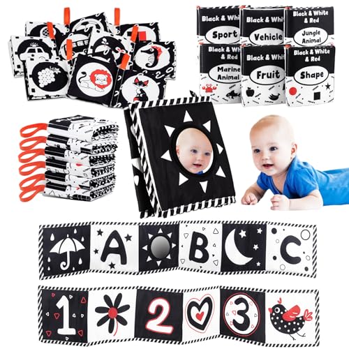 Image of 7PCS Black and White High Contrast Baby Toys - Crinkle Books Tummy Time Mirror Toys - Newborn Infant Toys 0 3 6 9 12 Months 1 One Year Old Birthday Boys Girls Shower Gifts Baby Montessori Sensory Toys