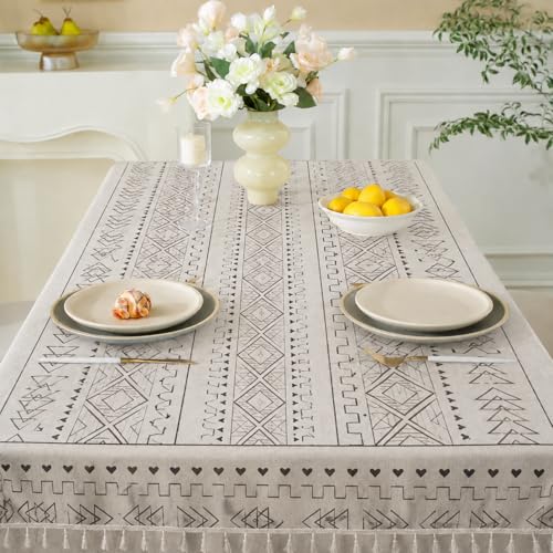 Image of Cortina Tablecloth for Dining Table Waterproof Table Cover, Cotton Linen Fabric Rectangle Tablecloth (Boho-Black, 6 Seater)