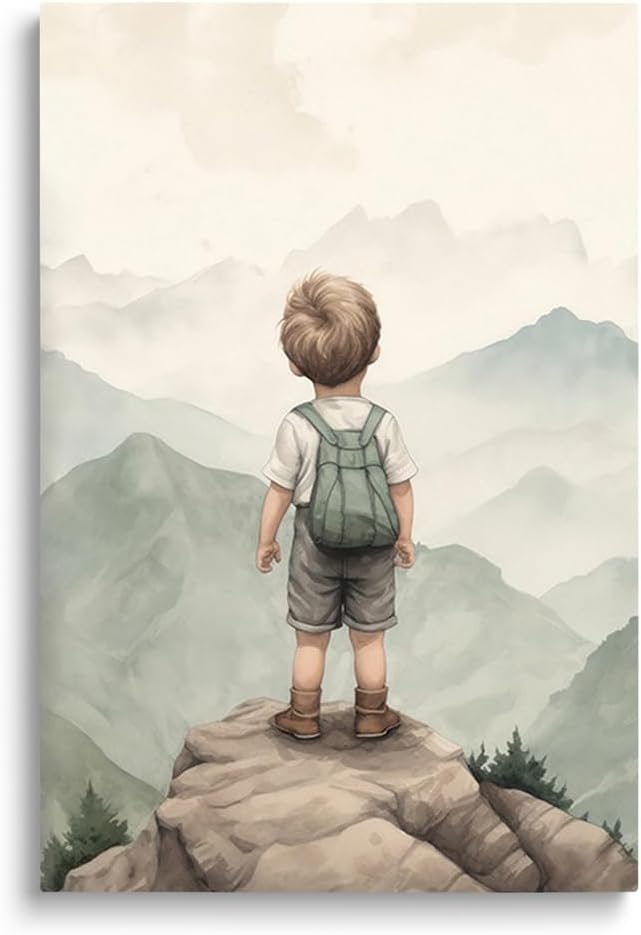 Baby Boy Nursery Wall Decor, Boy Adventure Toddler Room Decor, Watercolor Mountain Wall Art for Kid, Nature Woodland Nursery Decor, Baby Room Poster for Boy, Framed 20"x28"