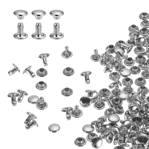 sourcing map 100 Sets Double Cap Leather Rivets, 6x6mm Round Cap Tubular Metal Studs Leather Crafting Rivets for Fabric Belt Pet Collar Boot Bag Repair and Decoration, Silver